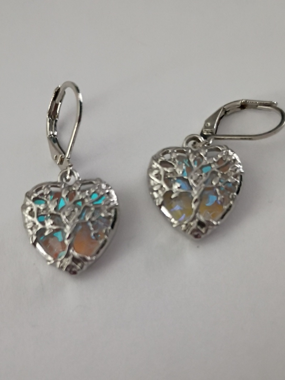 Silver Heart Tree of Life Drop Earrings with Iridescent Inlay